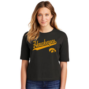 Iowa Hawkeyes Script with Tigerhawk Women’s Boxy Tee-Black