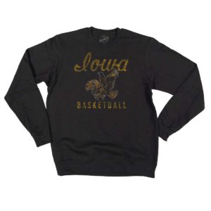 Iowa Retro Script Basketball Distressed Print Crewneck Sweatshirt-Black