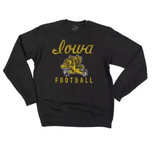Iowa Retro Script Football Distressed Print Crewneck Sweatshirt-Black