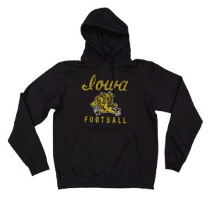 Iowa Retro Script Football Distressed Print Hooded Sweatshirt-Black