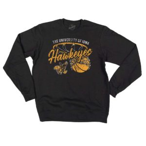 Old School Hawkeye Basketball Distressed Print Crewneck Sweatshirt-Black