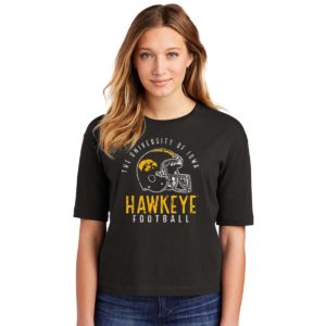 Iowa Hawkeye Football Helmet Distressed Print Women’s Boxy Tee-Black