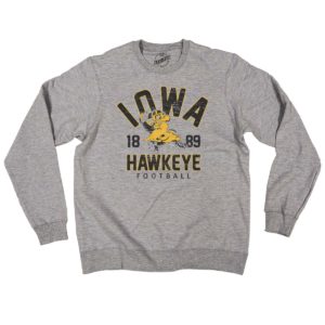 Iowa Hawkeye Football Vintage Herky Distressed Print Crewneck Sweatshirt-Grey