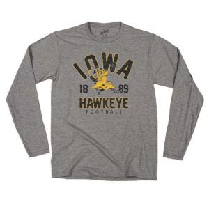 Iowa Hawkeye Football Vintage Herky Distressed Print Long Sleeve Tee-Grey