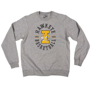 Hawkeye Basketball Vintage Herky Distressed Print Crewneck Sweatshirt-Grey